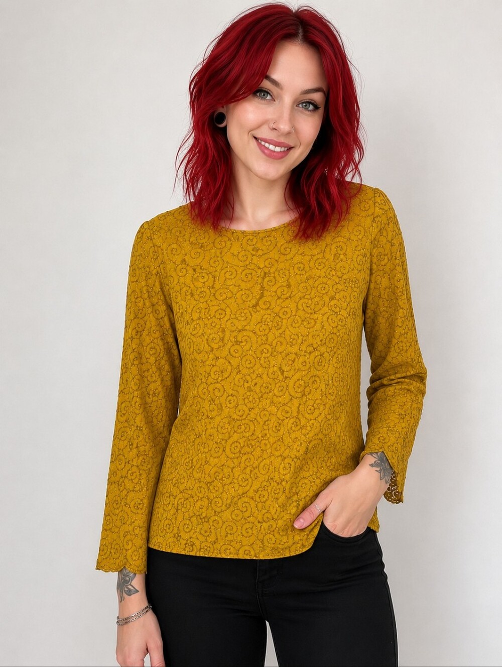 Valerie Stevens Mustard Yellow Embroidered Long-Sleeve Top